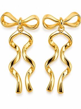 NEW Gold Tone Bow Ribbon‎ Drop Earrings Coquette Statement Dangle Earrings